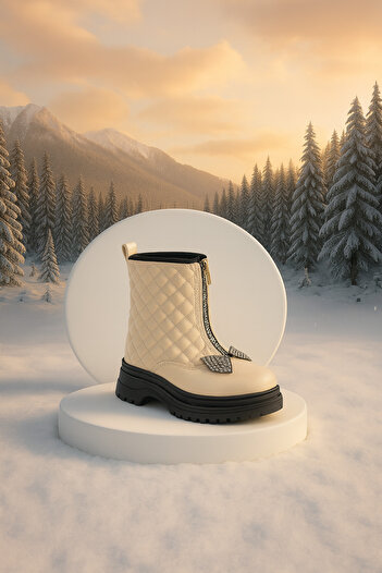 Zilvana Girl's Zippered Quilted Patterned Winter Boots with Stone Bow Detail