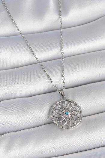 REBORN DESIGN 316L Steel Silver Color Zincr Blue Stone Lotus Model Women's Necklace