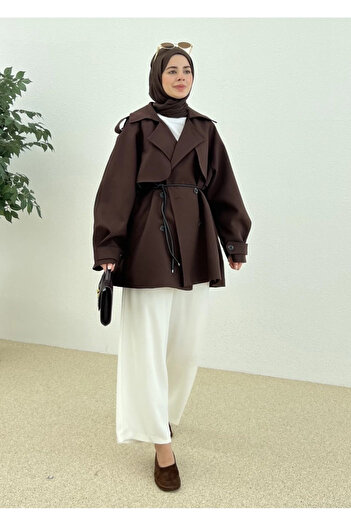 My Blog Bitter Brown Allerli Leather Belted Short Trench - 7488