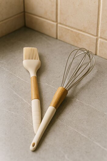 MODA OZY 2-Piece Heat-Resistant Fireproof Non-Stick Bamboo Handle Serving Metal Whisk-Silicone Egg Brush