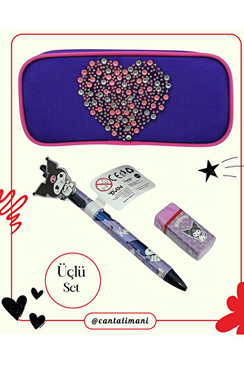 Cem Kuromi Purple Versatile Pencil, Eraser, and Heart Embossed Pencil Case Set (Set of Three)