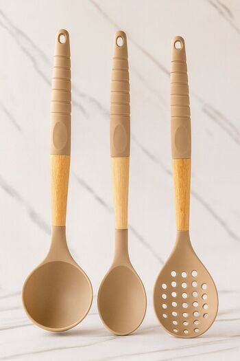 MODA OZY 2-Piece Heat-Resistant Fireproof Non-Stick Bamboo Handle Serving Utensil Silicone Ladle-Spoon-Colander