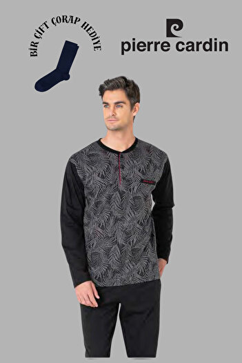 Pierre Cardin Men's Black Long Sleeve Jacquard Cotton Pajama Set with 1 Pair of Socks Gift
