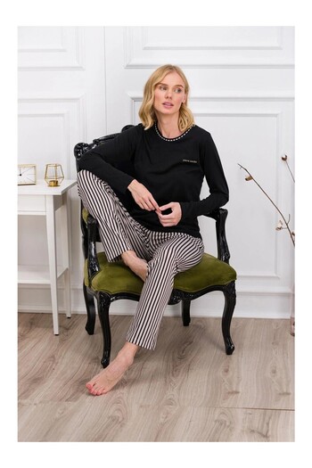 Pierre Cardin Women's Black Striped Pajama Set with Pocket Detail .P.İ.E8.0..R.O.Z..7..E.6L.T.6.