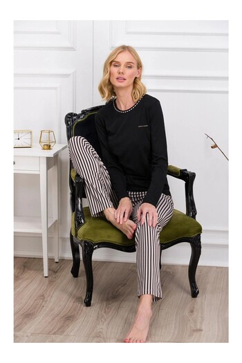 Pierre Cardin Women's Black Striped Pajama Set with Pocket Detail .P.İ.E8.0..R.O.Z..7..E.6L.T.6.