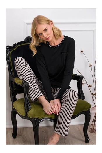 Pierre Cardin Women's Black Striped Pajama Set with Pocket Detail .P.İ.E6.6..R.O.Z..8..E.L.T.7.