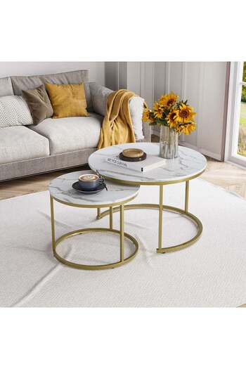 Türkiye Round Nesting Coffee Table Set of 2 One Small With Drawer and One Big Side Tea Tables with Black Ste