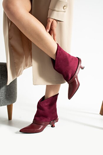 MissPapatya Serina Women's Red Thin Heeled Suede Leather Detailed Ankle Boots