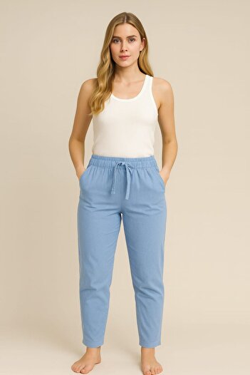 enmodaiçgiyim Bebe Mavi %100 Pamuk Gabardin Dar Paça Kadın Pantolon–Beli Lastikli,İki Cepli,Rahat,4 Mevsimlik