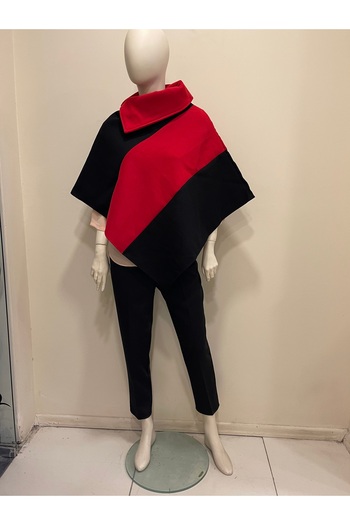 Pitti Women's Poncho Red Black Wool Cashmere Unlined 70257