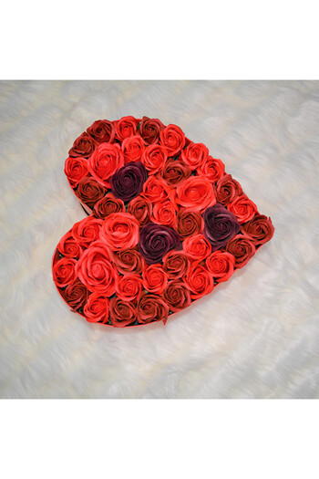 velve Red Passion floral arrangement heart box with 45 soap roses, Burgundy red