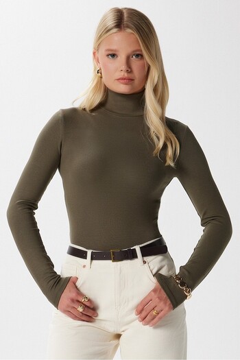 Ritnice Women's Feel Lux Touch Stand Collar Khaki Long Sleeve Soft Blouse