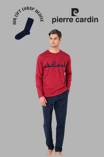 Pierre Cardin Men's Burgundy Long Sleeve Cotton Pajama Set with 1 Pair of Socks as a Gift