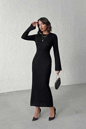 Lusin Women's Black Long Sleeve Stylish Elegant Midi Length Knitwear Dress