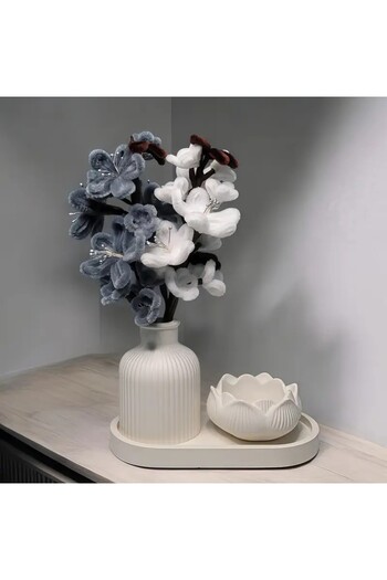 Zigzag Home Decorative 3 Piece Vase Set, Oval Tray, Pampas Vase, Lotus Candle Holder Set Figurine Set White Color
