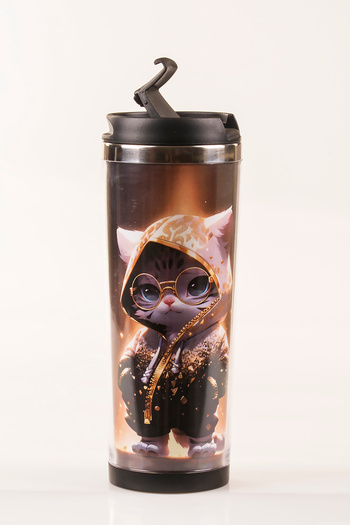 MUKKO HOME Cat Decorated Steel Mug - 360 ml |   Leak-Proof Lid, Steel Inner Bowl, 19 cm
