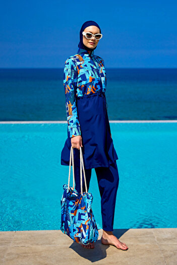 A Andalus Navy Blue Full Covered Hijab Swimsuit |   4 Piece Suit, Water Repellent, Quick Dry R2503