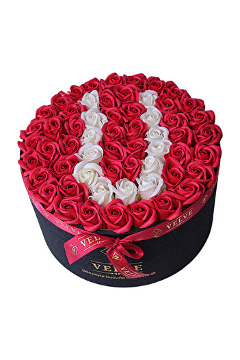 velve Personalized Eternal Floral Arrangement with the letter U, in a black round box with 55 soap roses