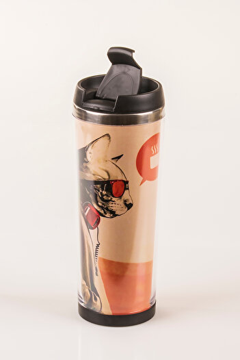 MUKKO HOME Cat Decorated Steel Mug - 360 ml |   Leak-Proof Lid, Steel Inner Bowl, 19 cm