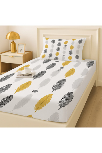 3D ELSE HALI Yellow Gray Ethnic Feathers Patterned Elastic Single Bed Sheet Set with Pillowcases 100X200Cm