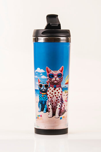 MUKKO HOME Cat Decorated Steel Mug - 360 ml |   Leak-Proof Lid, Steel Inner Bowl, 19 cm
