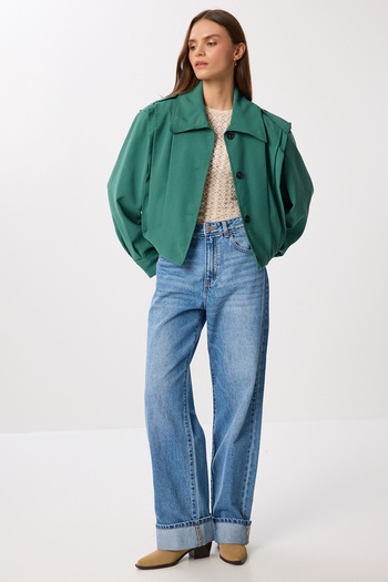 Lovelyİstanbul Padded Pleated Short Trench Coat Ldp0083 Green