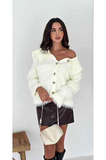 Azra Moda Style Knitwear Cardigan Patterned Beard Fabric Soft Texture Women