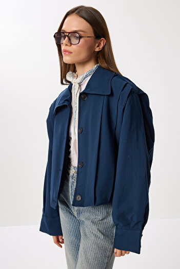 Lovelyİstanbul Padded Pleated Short Trench Coat Ldp0083 Dark Blue
