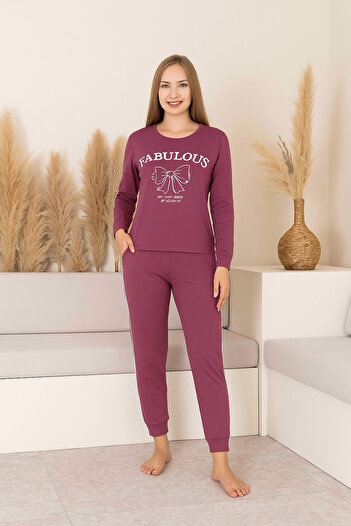 Tarık Women's Bow Print Long Sleeve Combed Cotton Fabric Seasonal Sports Pajama Set