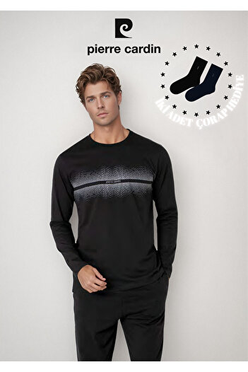 Pierre Cardin Men's 100% Cotton Pattern & Text Detailed Long Sleeve Pajama Set Ol.Pc.6102.001