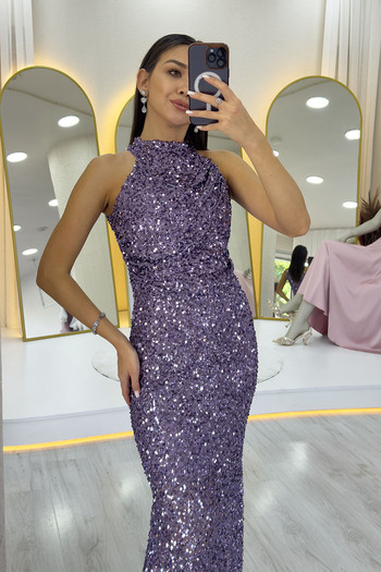 the ZKS Dark Lilac Halter Neck Sequin Tailed Evening Dress