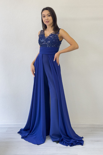 the ZKS Navy Blue V-Neck Embroidered Tailored Evening Dress Jumpsuit