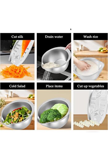 EMATTERIO 3 in 1 Set Grater, Colander with Sieve and Bowl, 28 cm, Multifunctional, Stainless Steel, Fruit and Vegetables