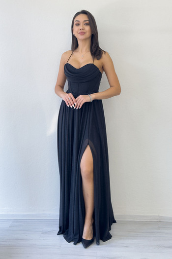 zks grup tekstil Women's Black Strap Slit Detail Evening Dress