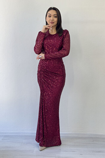the ZKS Women's Burgundy Draped Long Sleeve Long Sequin Evening Dress Plus Size Optional