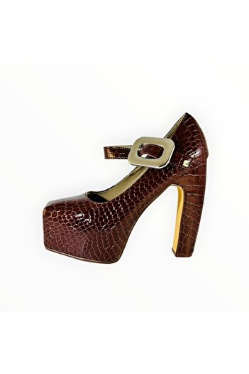 Ego High Heel Platform Mary Jane Shoes Snake Print, Brown, Size 39 EU