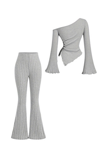 Wild Flower Gray Ribbed Asymmetrical One Shoulder Spanish Sleeve Blouse & High Waist Wide Leg Pants Set