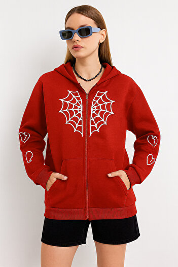 CLASSY.MODA Women's Zippered Hoodie – Spider Web and Heart Pattern Sweatshirt