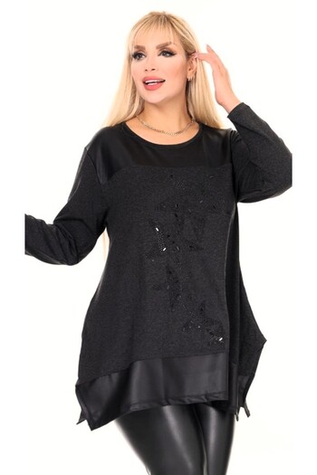 Kheos Leather Skirt Star Stone Embroidered Round Neck Long Sleeve Tunic