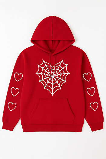 CLASSY.MODA Women's Hooded Sweatshirt – Spider Web Pattern on the Front, Heart Print on the Sleeves Hoodie