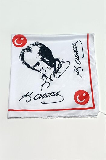 ZERO LAND Zengezur April 23 May 19 Turkish Flag and Atatürk Signed Bandana 50X50-White