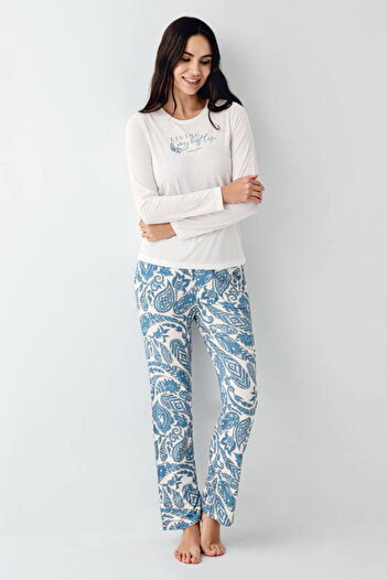 Pierre Cardin Crew neck, pocketed, women's pajama set, long sleeve, cream, cotton & modal, patterned