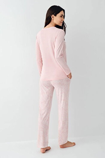 Pierre Cardin Bisiklet Yaka, Cepli, Kadın Pijama Takımı, Uzun Kol, Pembe, %50 Pamuk & %50 Modal
