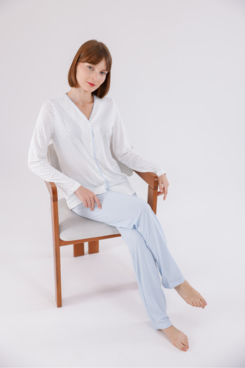 Yulem Homewear Blue Front Buttoned Polka Dot Plus Size (Oversized) Long Sleeve Cotton Pajama Set