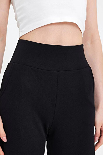 MetuCA Women's Black High Waist Pocket Palazzo Wide Leg Crepe Fabric Pants Sweatpants
