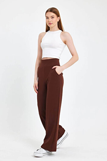 MetuCA Women's Brown High Waist Pocket Palazzo Wide Leg Crepe Fabric Pants Sweatpants