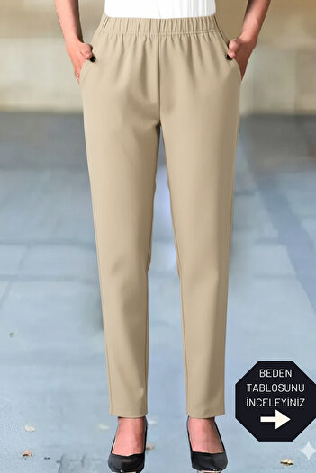 trendalisse Premium Quality Tok Fabric High Waist Pocketed Elastic Waist Beige Color Carrot Fabric Pants