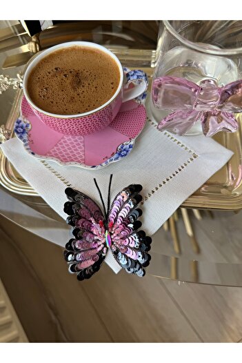 Hatice sakallı design 1 Piece Pink Butterfly Embroidered Coffee Side Presentation Napkin