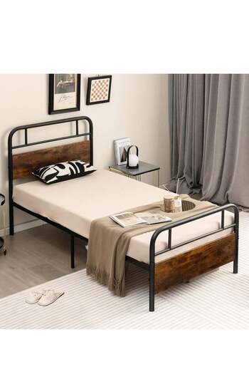Crestj Metal Single Bed with Industrial Design, Wooden Board & Bottom Storage