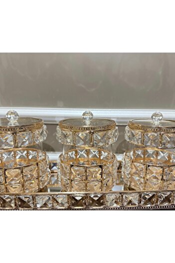 Furkan Crystal Stone 3-Piece Spice Bowl Set with Tray Gold